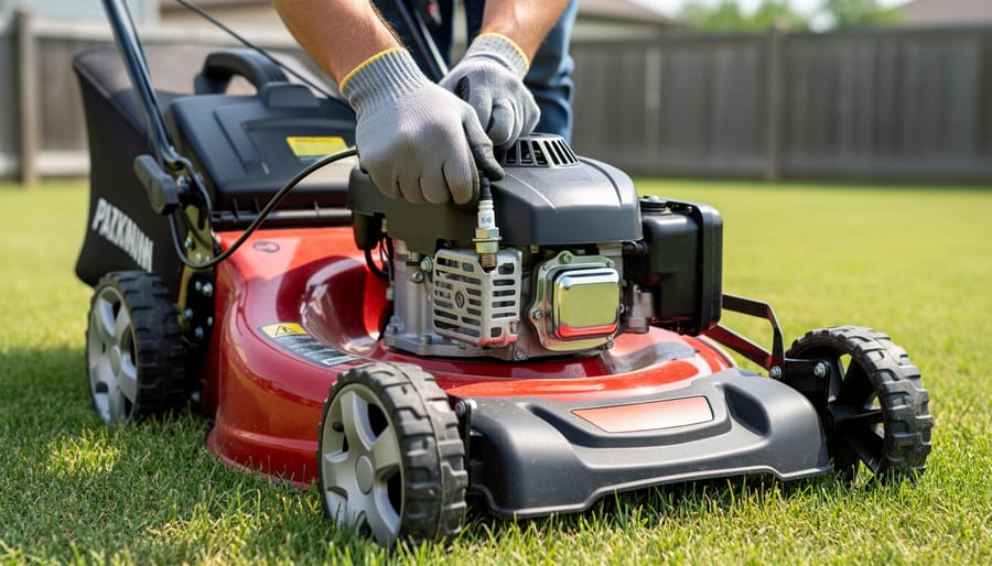 Hands in work gloves disconnecting spark plug wire from lawn mower engine for safety