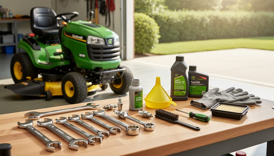 Essential lawn mower maintenance tools organized on workbench including wrenches, oil, and filters