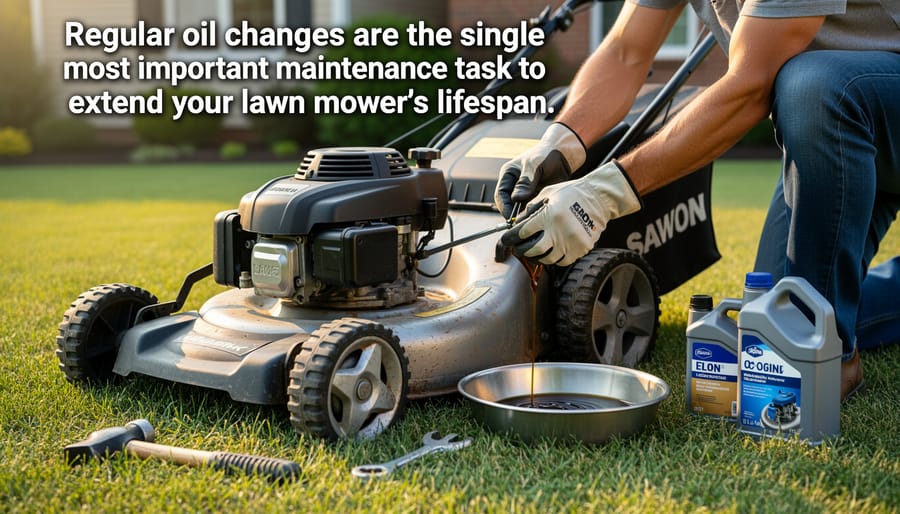 Fresh motor oil being poured into lawn mower engine during routine maintenance