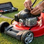 Close-up of hands pulling the oil dipstick from a bright red push lawn mower on a freshly cut backyard lawn at golden hour, with a small toolbox, mill file, and mower deck softly blurred in the background.