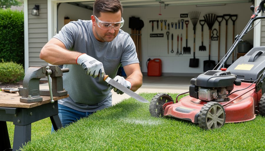 Person sharpening lawn mower blade with metal file in workbench vise