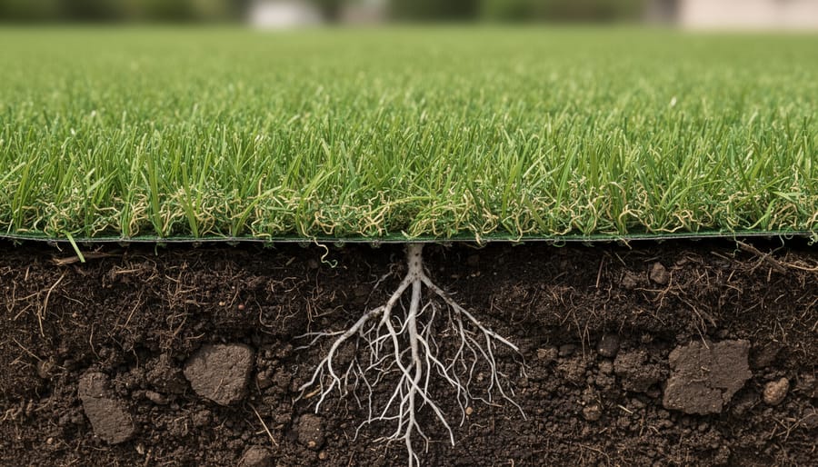 Macro view of dark crumbly soil near grass roots
