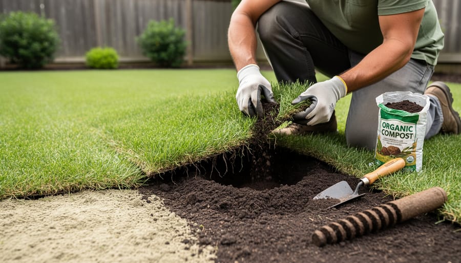 Homeowner holding a lawn aeration tool over grass