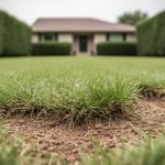 Ground-level view of a patchy, thin lawn with bare brown soil where grass is struggling to grow.