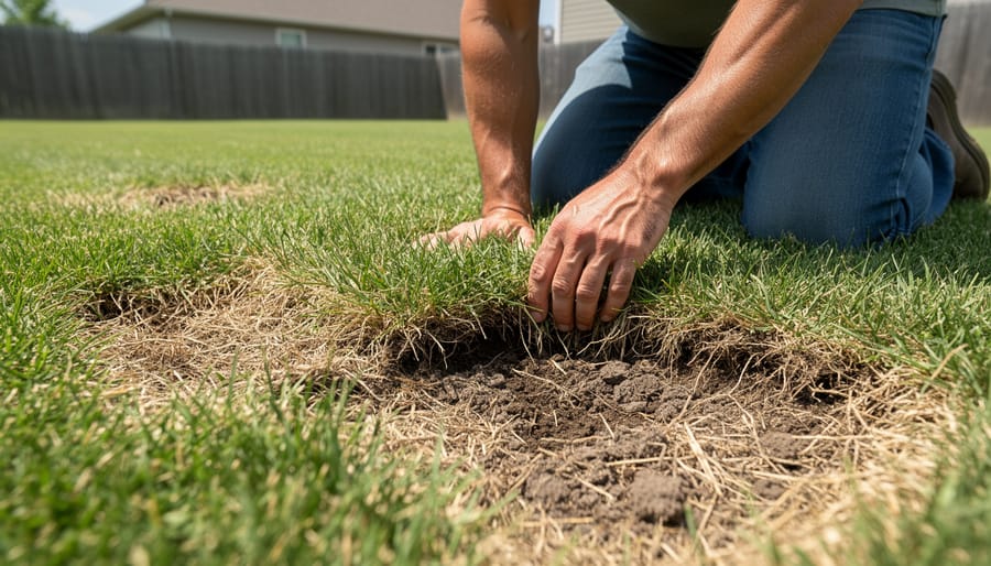 Patchy, thin grass with visible bare soil in a suburban yard